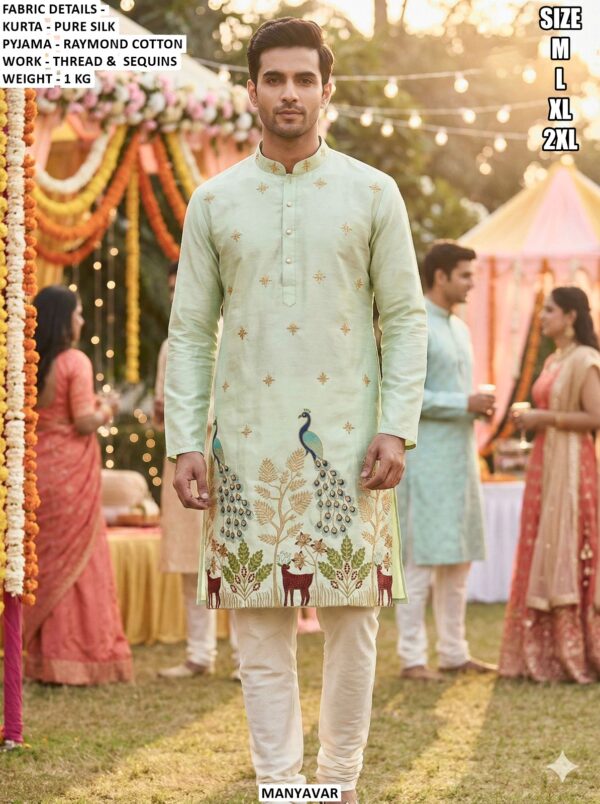 Buy Online Men's Pure Silk Wedding Wear Kurta Pajama With Thread And Sequins Work