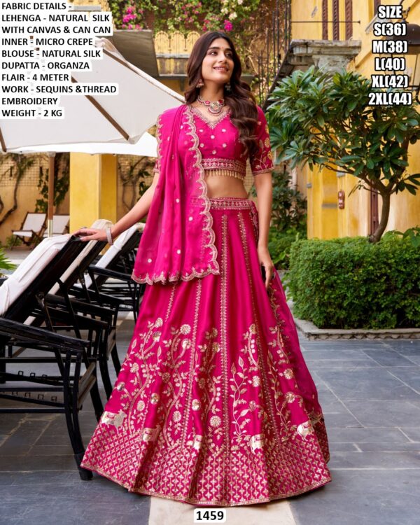 Rani Pink Natural Silk Sequins And Thread Embroidered Lehenga Choli Set With Organza Dupatta