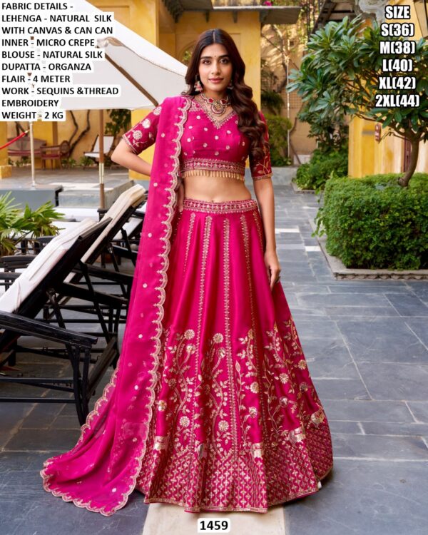 Rani Pink Natural Silk Sequins And Thread Embroidered Lehenga Choli Set With Organza Dupatta