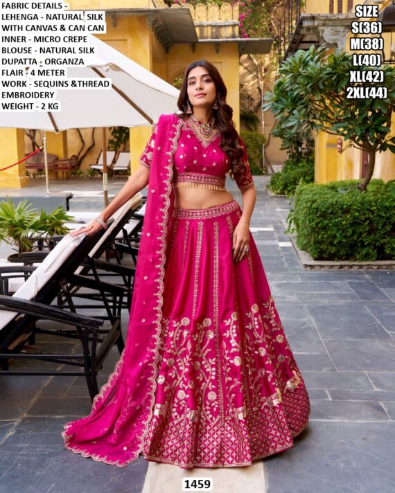 Rani Pink Natural Silk Sequins And Thread Embroidered Lehenga Choli Set With Organza Dupatta