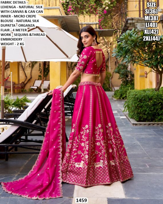 Rani Pink Natural Silk Sequins And Thread Embroidered Lehenga Choli Set With Organza Dupatta