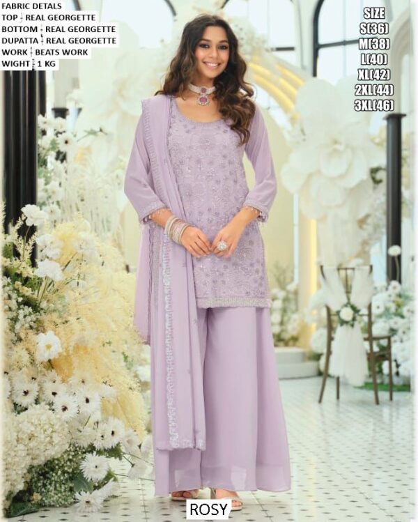 Glamorous Light Purple Colour Real Georgette Embroidered Beads Work Plazo Suit