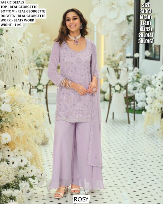 Glamorous Light Purple Colour Real Georgette Embroidered Beads Work Plazo Suit