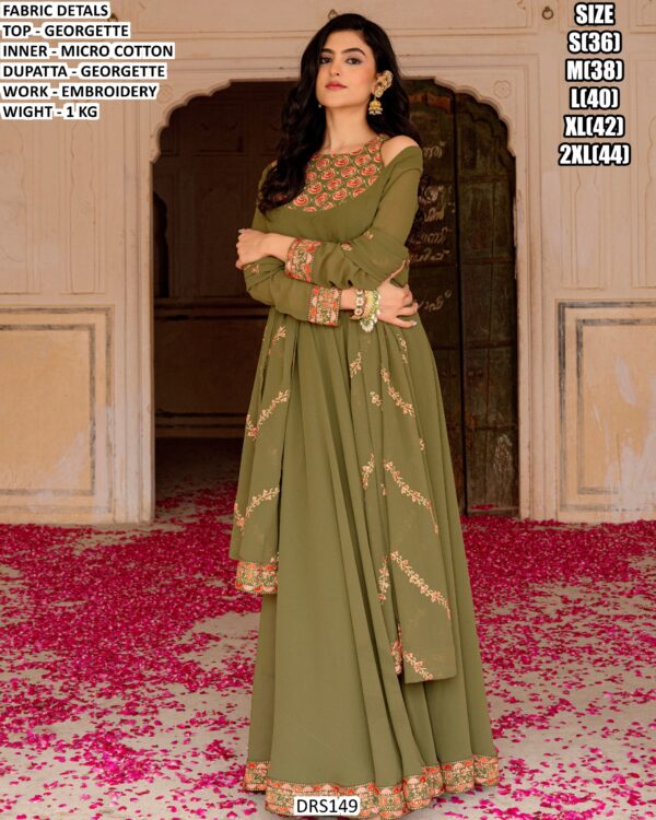 Mehndi Special Readymade Green Georgette With Multi Embroidery Designer Gown And Dupatta