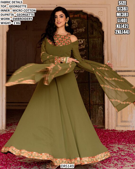 Mehndi Special Readymade Green Georgette With Multi Embroidery Designer Gown And Dupatta