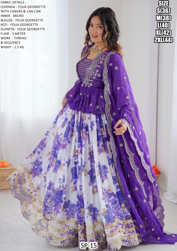 Shimmering Purple Georgette Koti Style Flowers Designer Lehenga Choli Special For Any Ceremonies