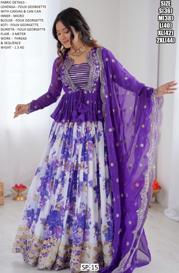 Shimmering Purple Georgette Koti Style Flowers Designer Lehenga Choli Special For Any Ceremonies