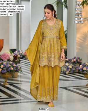 Three Piece New Exclusive – Elegant Heavy Chinon Embroidered Suit Set Fully Stitched