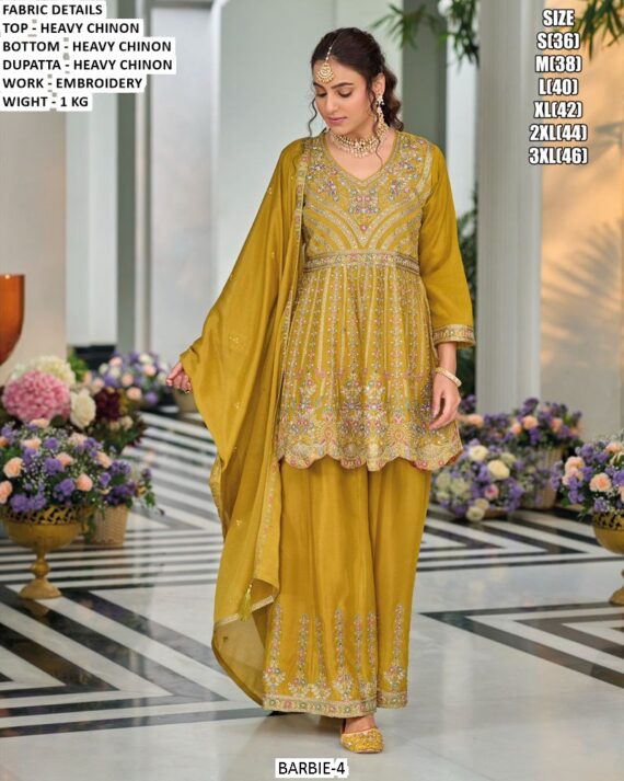 Three Piece New Exclusive – Elegant Heavy Chinon Embroidered Suit Set Fully Stitched