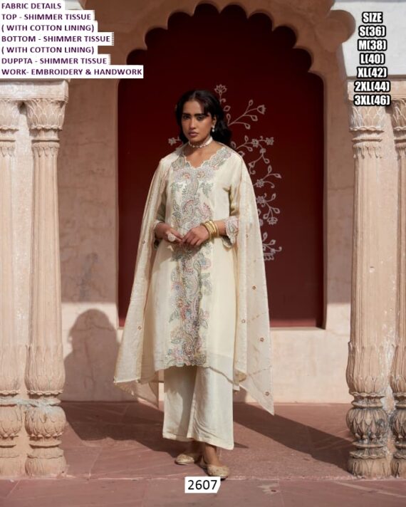 White Three-Piece Shimmer Tissue Embroidery And Handwork Festive Suit For Women