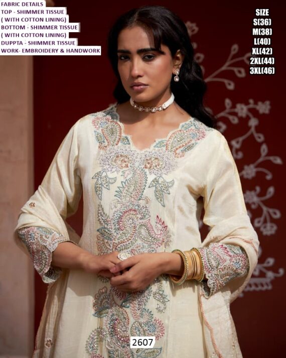 White Three-Piece Shimmer Tissue Embroidery And Handwork Festive Suit For Women