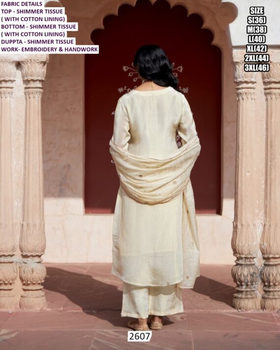 White Three-Piece Shimmer Tissue Embroidery And Handwork Festive Suit For Women