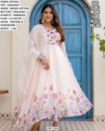 Flower Printed And Hand Work Organza Anarkali Suit In White Colour