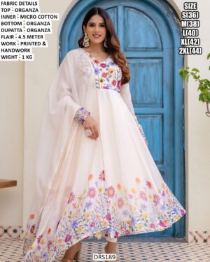 Flower Printed And Hand Work Organza Anarkali Suit In White Colour