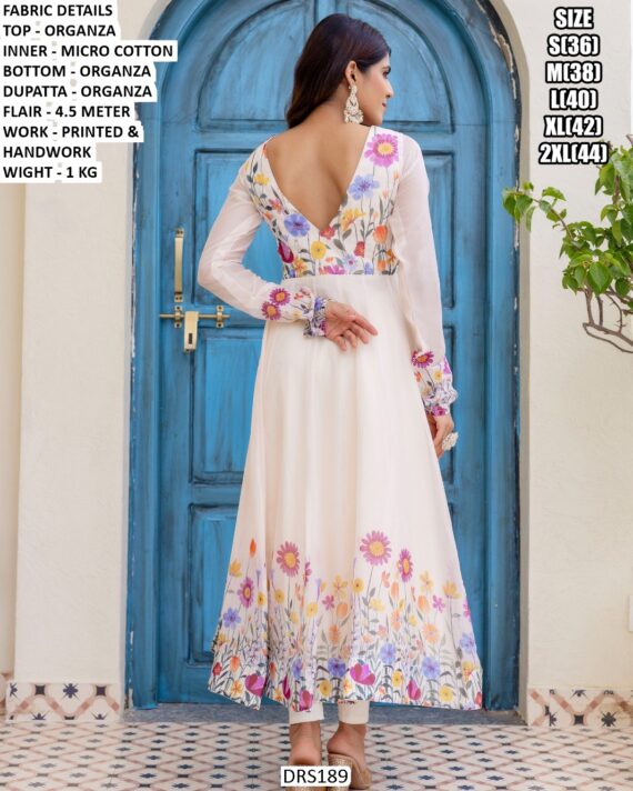 Flower Printed And Hand Work Organza Anarkali Suit In White Colour