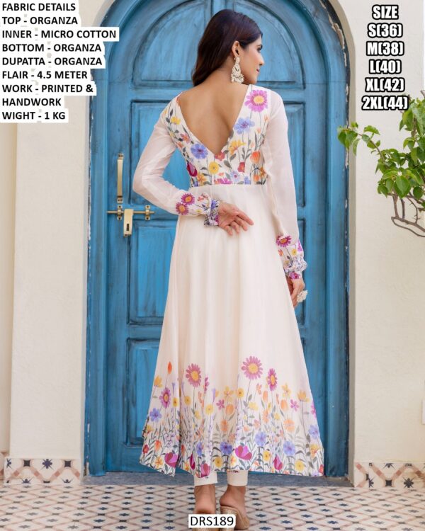 Flower Printed And Hand Work Organza Anarkali Suit In White Colour