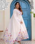 Flower Printed And Hand Work Organza Anarkali Suit In White Colour