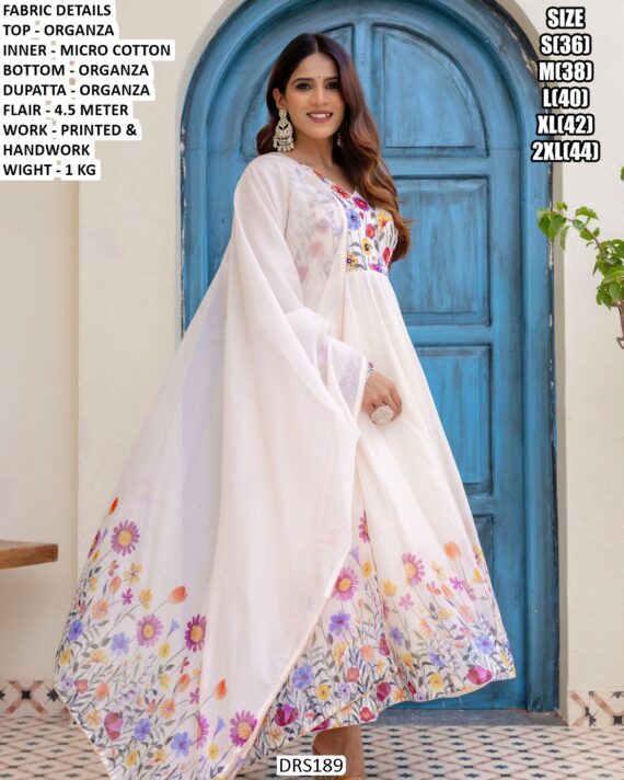 Flower Printed And Hand Work Organza Anarkali Suit In White Colour