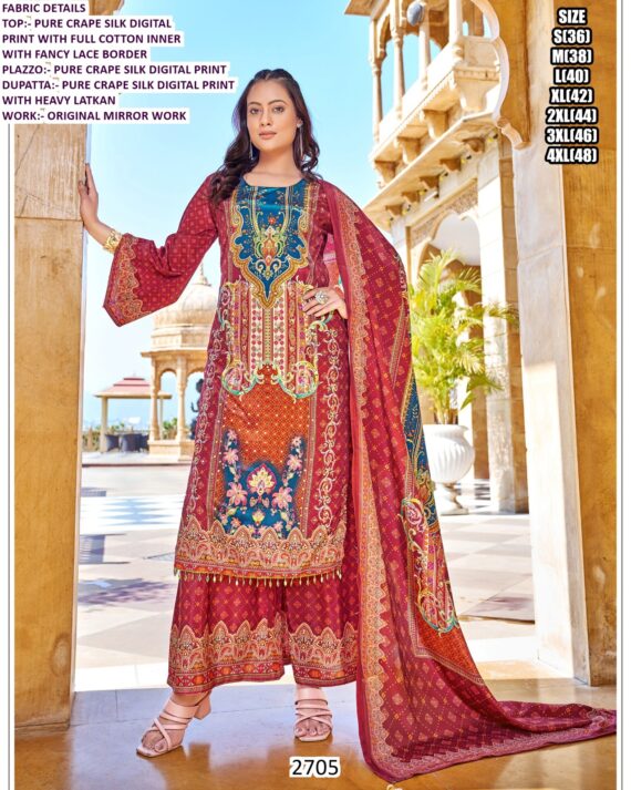 Digital Printed Pure Crape Silk Readymade Pakistani Suits With Original Mirror Work