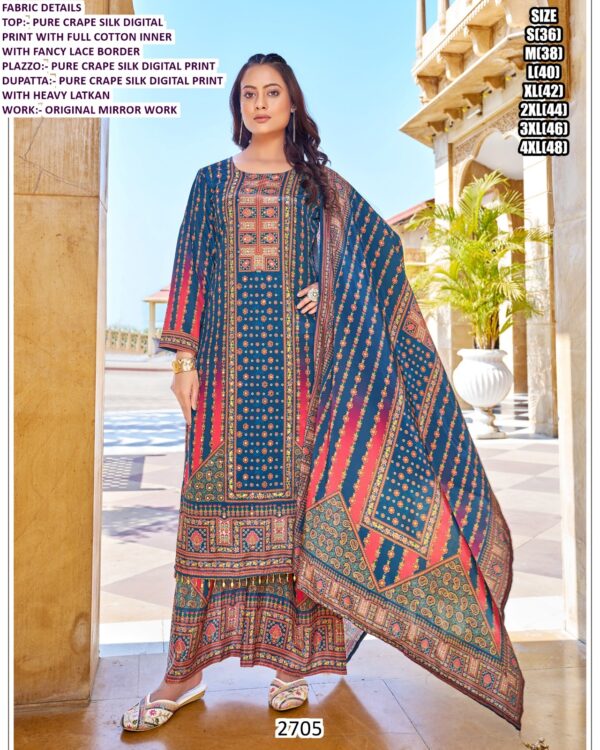 Digital Printed Pure Crape Silk Readymade Pakistani Suits With Original Mirror Work