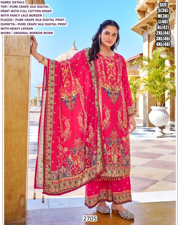 Digital Printed Pure Crape Silk Readymade Pakistani Suits With Original Mirror Work