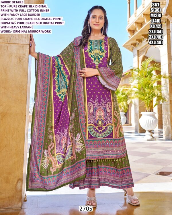 Digital Printed Pure Crape Silk Readymade Pakistani Suits With Original Mirror Work