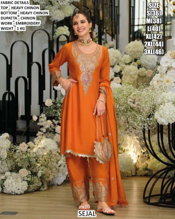 Latest Trendy Embroidered Work Chinon Salwar Suit In Three Colours For Ceremonial