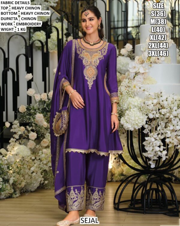 Latest Trendy Embroidered Work Chinon Salwar Suit In Three Colours For Ceremonial