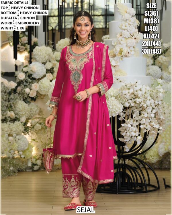 Latest Trendy Embroidered Work Chinon Salwar Suit In Three Colours For Ceremonial