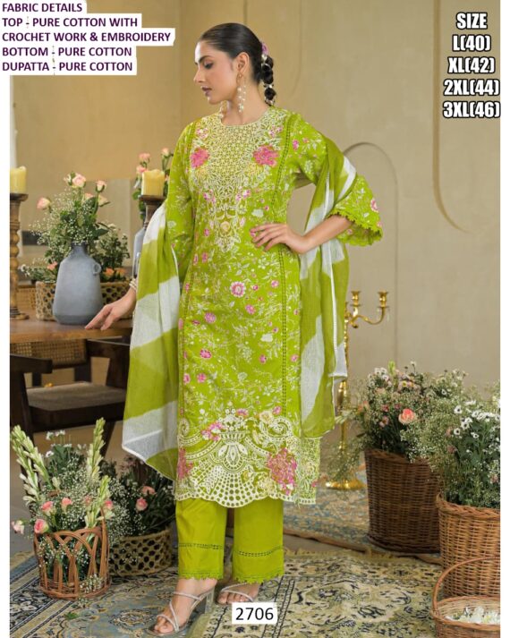 Shop Crochet Work And Embroidery Pure Cotton Parrot Green Colour Salwar Suit