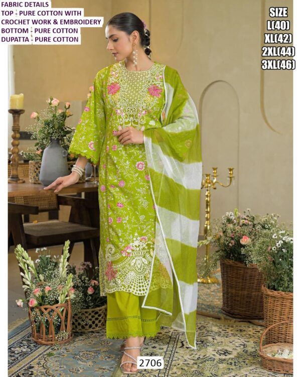 Shop Crochet Work And Embroidery Pure Cotton Parrot Green Colour Salwar Suit