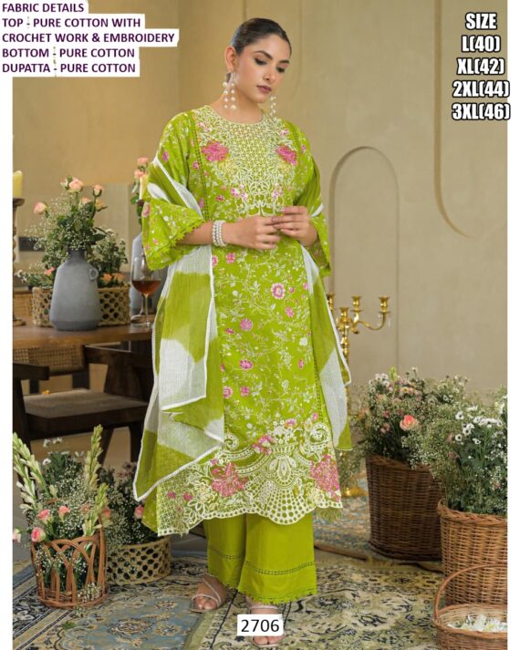 Shop Crochet Work And Embroidery Pure Cotton Parrot Green Colour Salwar Suit