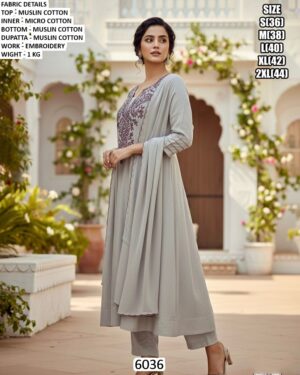 Readymade Muslin Cotton Embroidered Pakistani Salwar Suit In Resham Grey Colour!