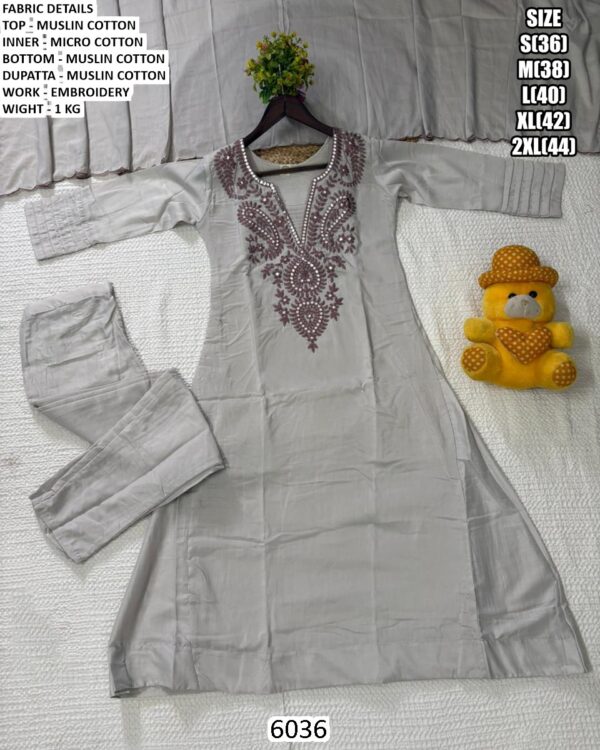 Readymade Muslin Cotton Embroidered Pakistani Salwar Suit In Resham Grey Colour!