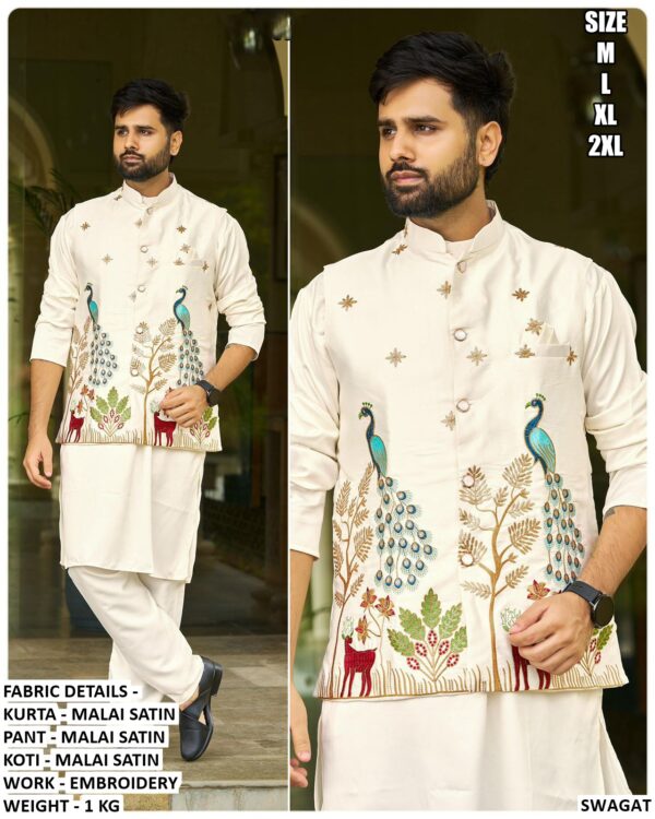 Festive Stylish Malai Satin Men's Wear Kurta Pajama With Embroidery Work Nehru Jacket