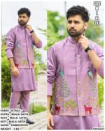 Festive Stylish Malai Satin Men's Wear Kurta Pajama With Embroidery Work Nehru Jacket
