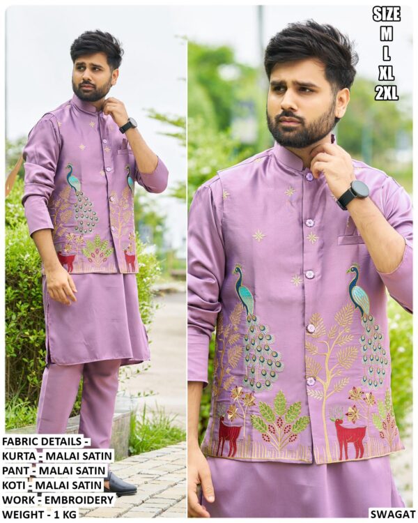 Festive Stylish Malai Satin Men's Wear Kurta Pajama With Embroidery Work Nehru Jacket
