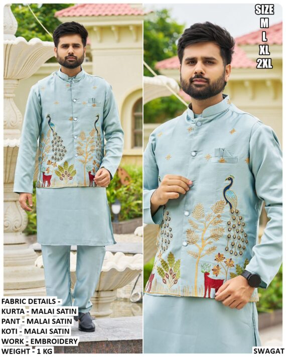 Festive Stylish Malai Satin Men's Wear Kurta Pajama With Embroidery Work Nehru Jacket