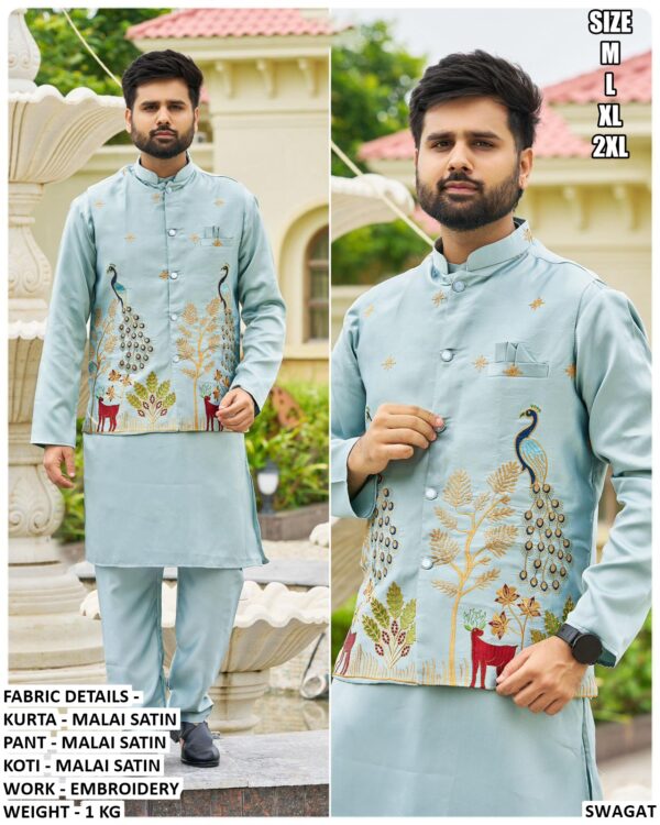 Festive Stylish Malai Satin Men's Wear Kurta Pajama With Embroidery Work Nehru Jacket