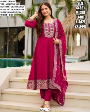 Embroidery And Sequence Work Rani Pink Festive Suit With Dupatta In Vichitra Silk Fabric