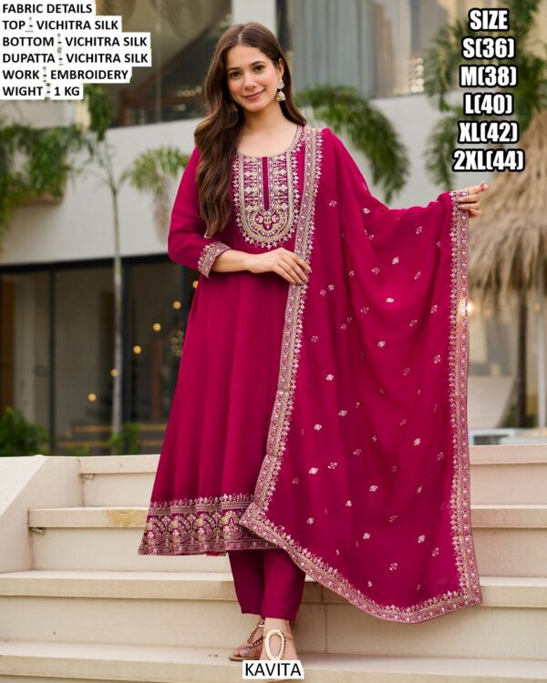 Embroidery And Sequence Work Rani Pink Festive Suit With Dupatta In Vichitra Silk Fabric