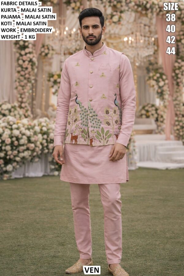 Ready To Wear Malai Satin Men's Wedding Style Kurta, Koti And Pyjama Sets