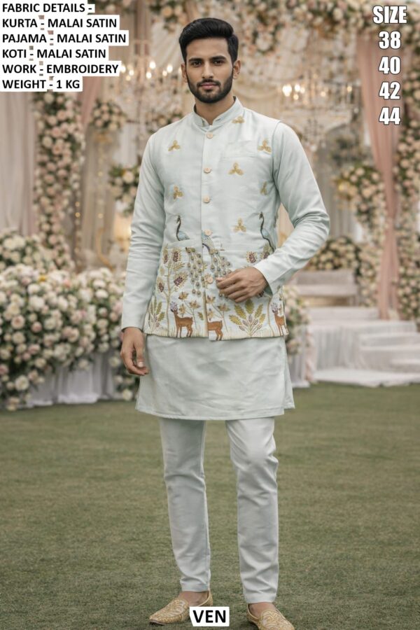 Ready To Wear Malai Satin Men's Wedding Style Kurta, Koti And Pyjama Sets