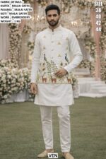Ready To Wear Malai Satin Men's Wedding Style Kurta, Koti And Pyjama Sets