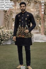 Ready To Wear Malai Satin Men's Wedding Style Kurta, Koti And Pyjama Sets