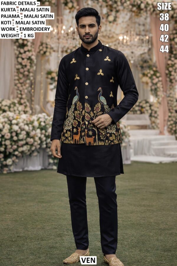 Ready To Wear Malai Satin Men's Wedding Style Kurta, Koti And Pyjama Sets
