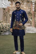 Ready To Wear Malai Satin Men's Wedding Style Kurta, Koti And Pyjama Sets