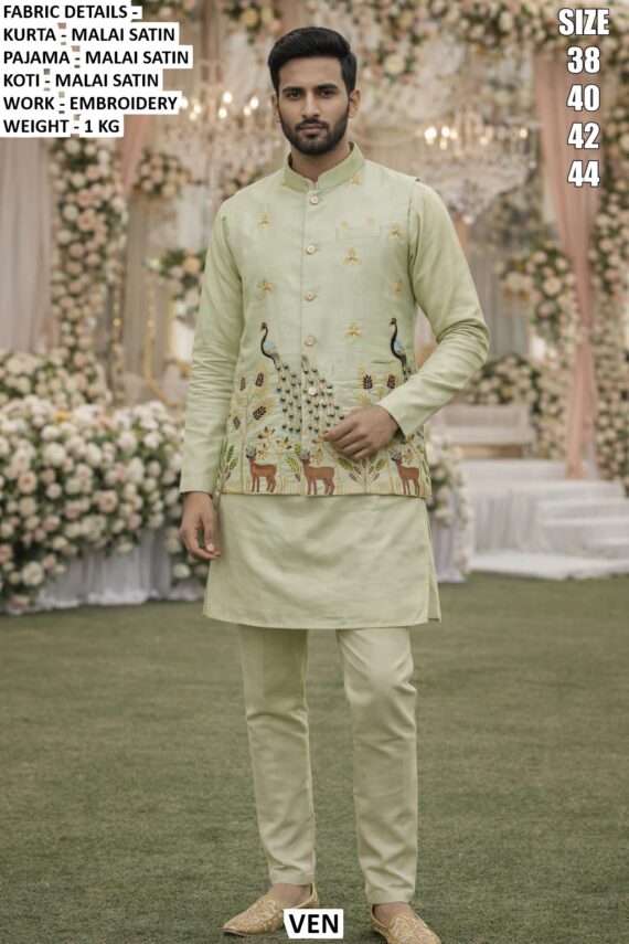 Ready To Wear Malai Satin Men's Wedding Style Kurta, Koti And Pyjama Sets