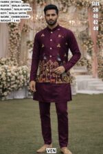 Ready To Wear Malai Satin Men's Wedding Style Kurta, Koti And Pyjama Sets