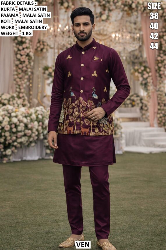 Ready To Wear Malai Satin Men's Wedding Style Kurta, Koti And Pyjama Sets